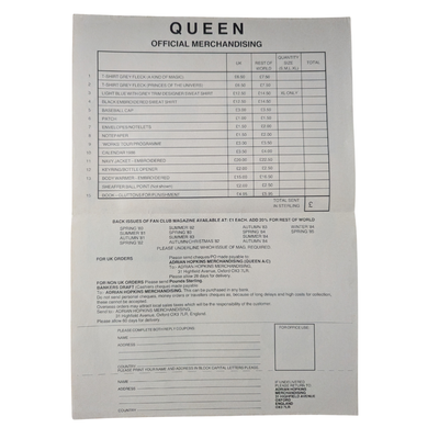 Queen - Vintage Iron-On Transfer & Merchandise Order Circa 1986Sheet