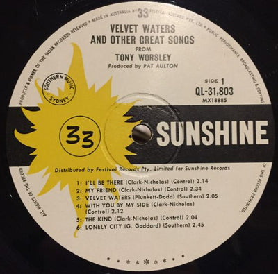 Tony Worsley & The Blue Jays - Velvet Waters & Other Great Songs Vinyl LP (Used)