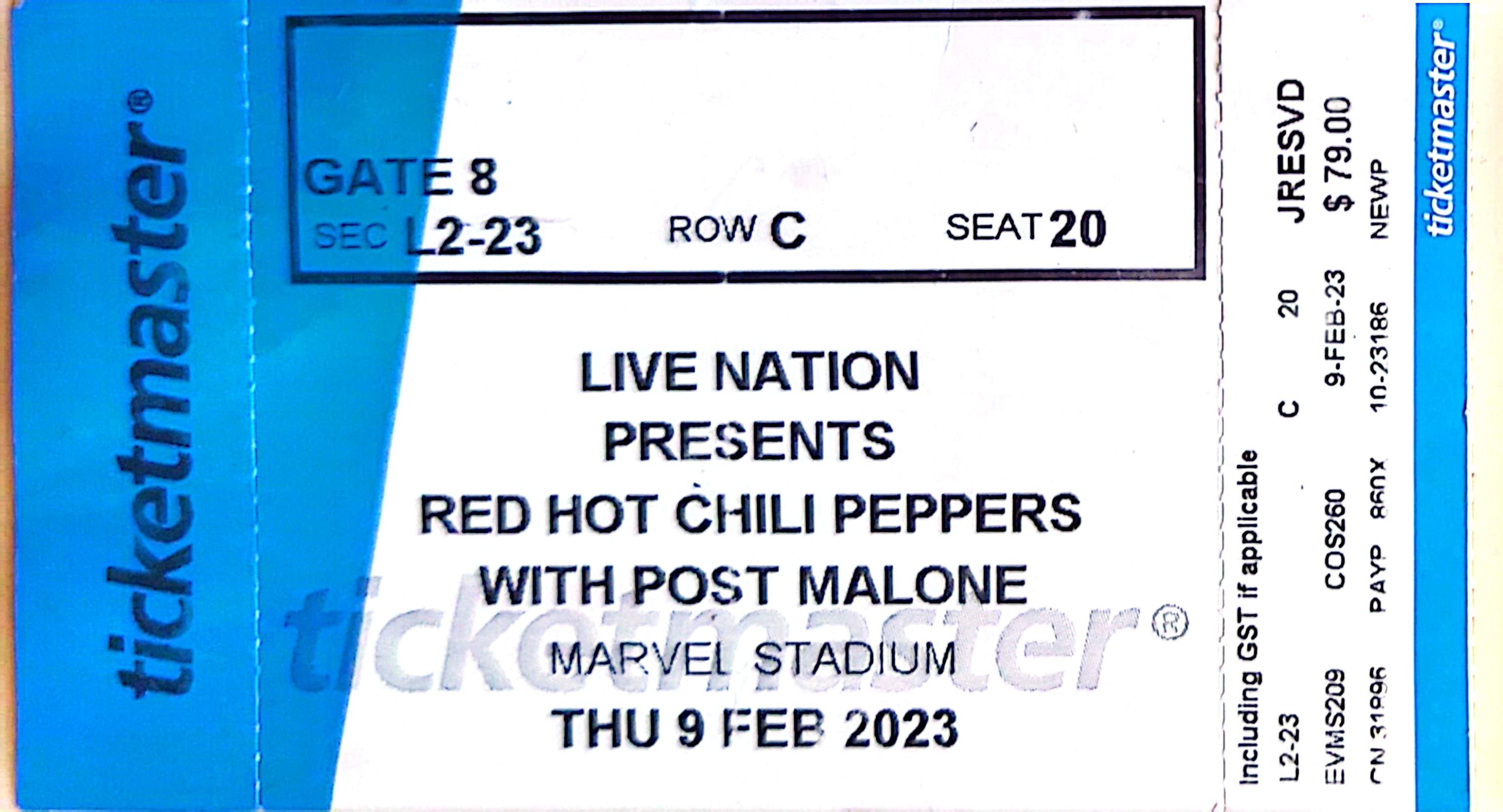 Red Hot Chili Peppers & Post Malone - 2023 Original Vintage Concert Ticket Seat 20