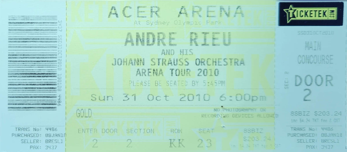 Andre Rieu - 2010 Original Vintage Concert Ticket Seat #KK23
