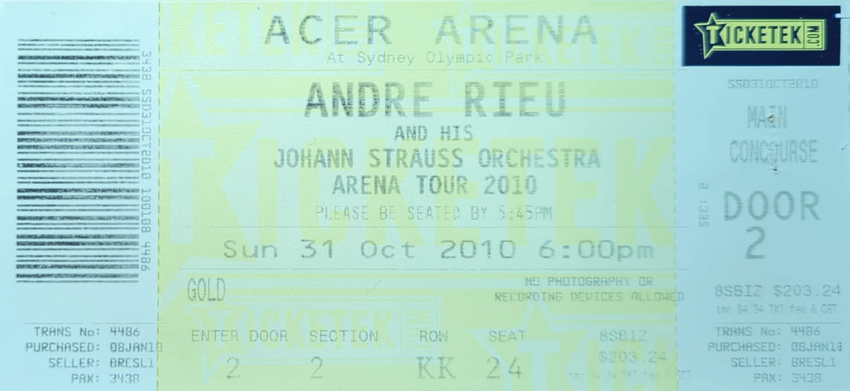Andre Rieu - 2010 Original Vintage Concert Ticket Seat #KK24
