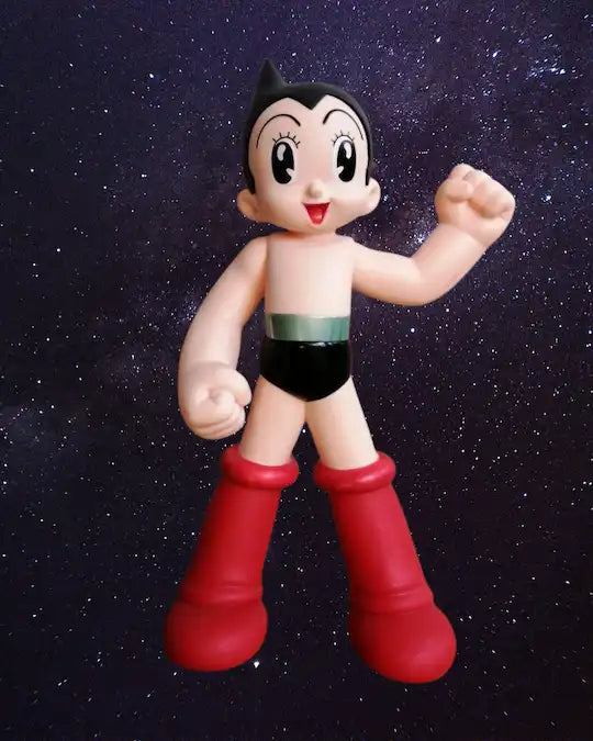 Toy figure of a character with red boots and black shorts against a starry space background