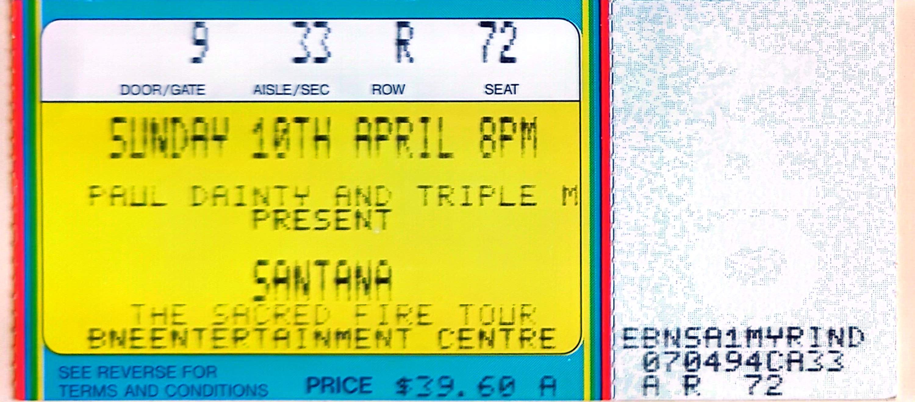 Santana - 1994 Original Vintage Concert Ticket Seat 72