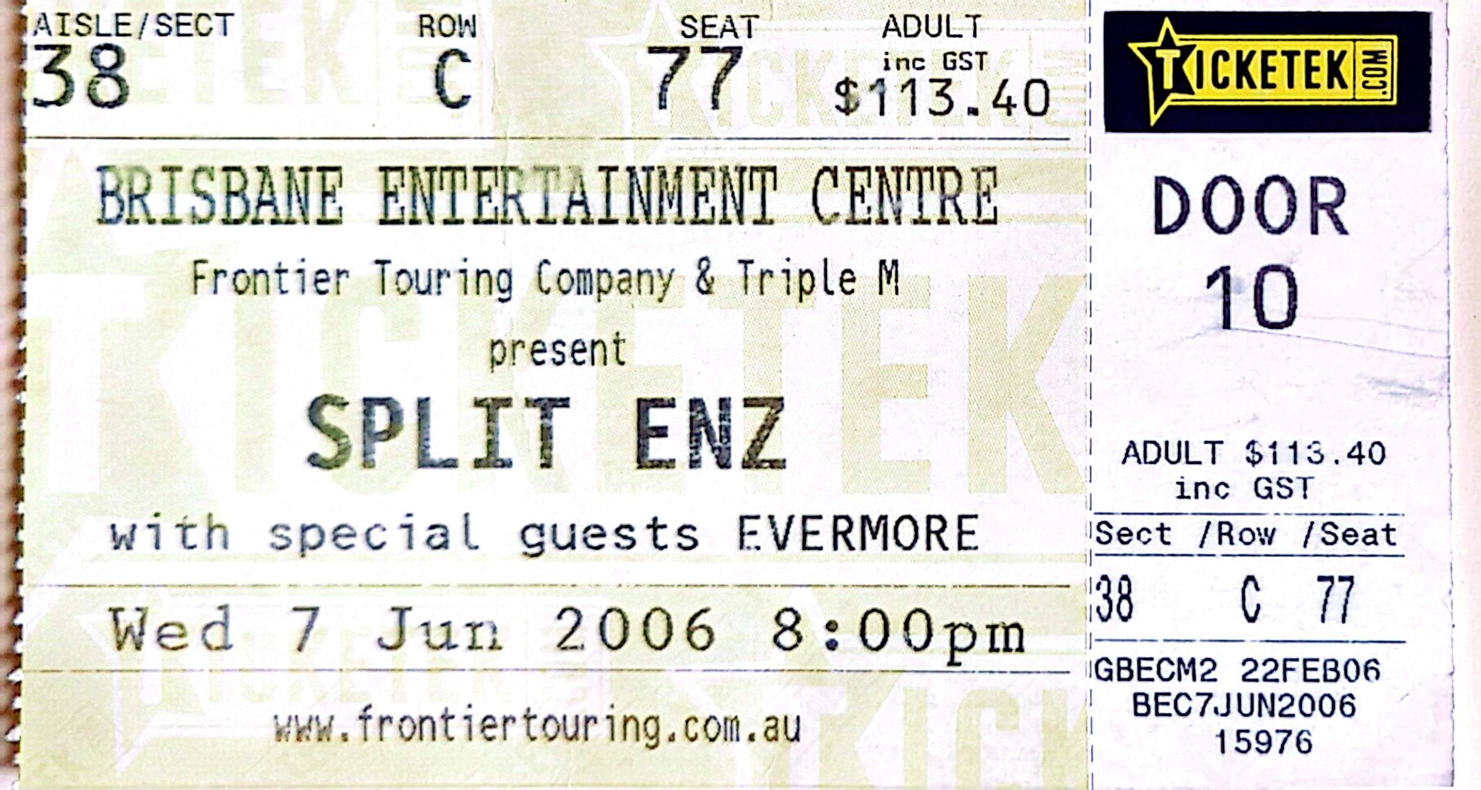 Split Enz - 2006 Original Vintage Concert Ticket Seat 77
