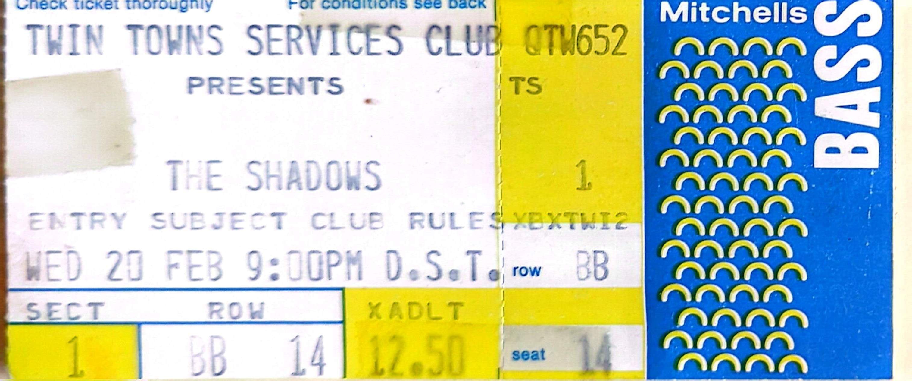 Shadows - 1991 Original Vintage Concert Ticket Seat 14
