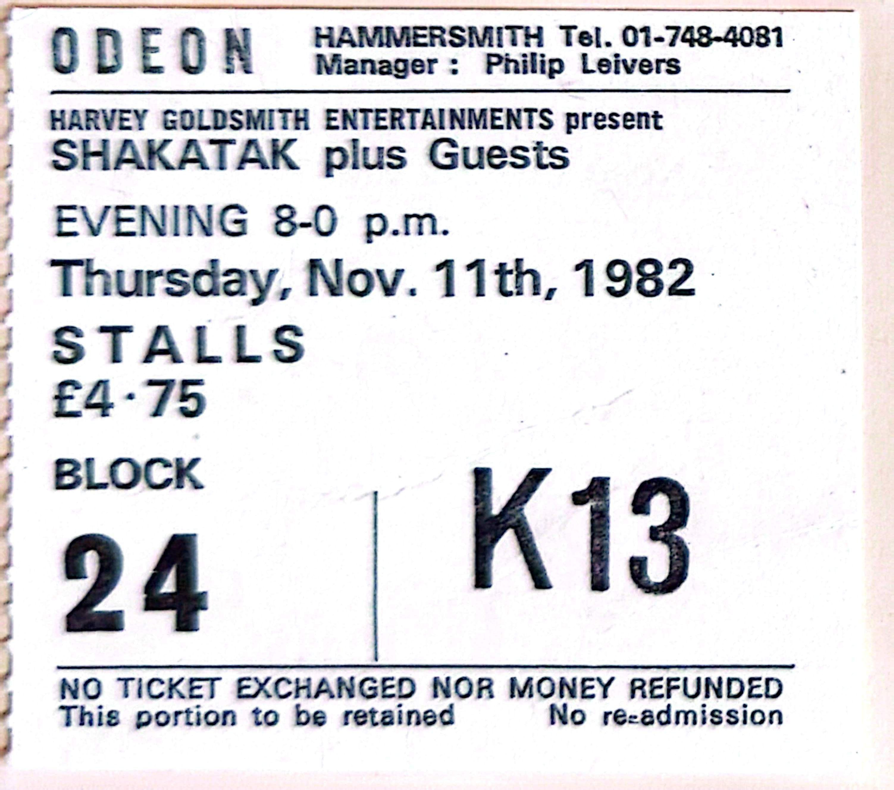 Shakatak - 1982 Original Vintage Concert Ticket Seat K13