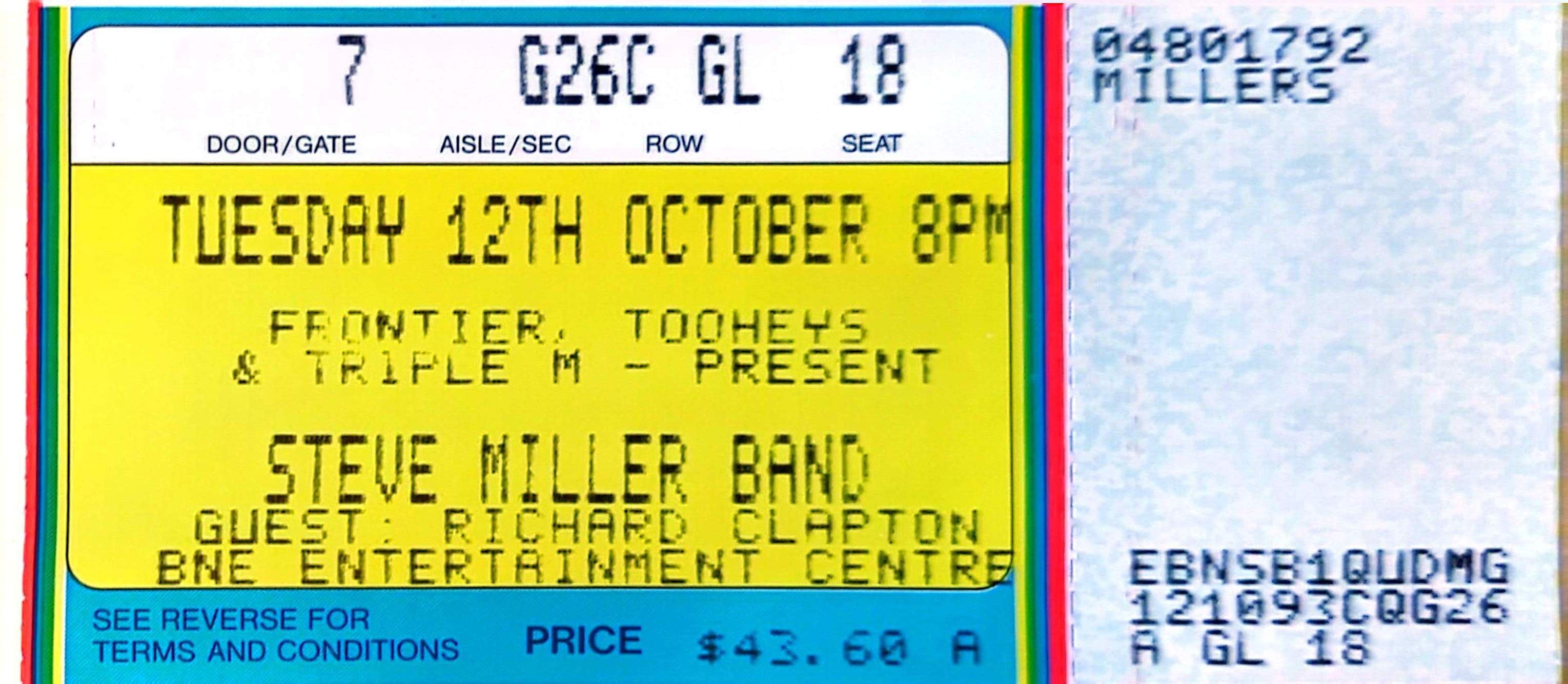 Steve Miller Band - Original Vintage Concert Ticket Seat 18