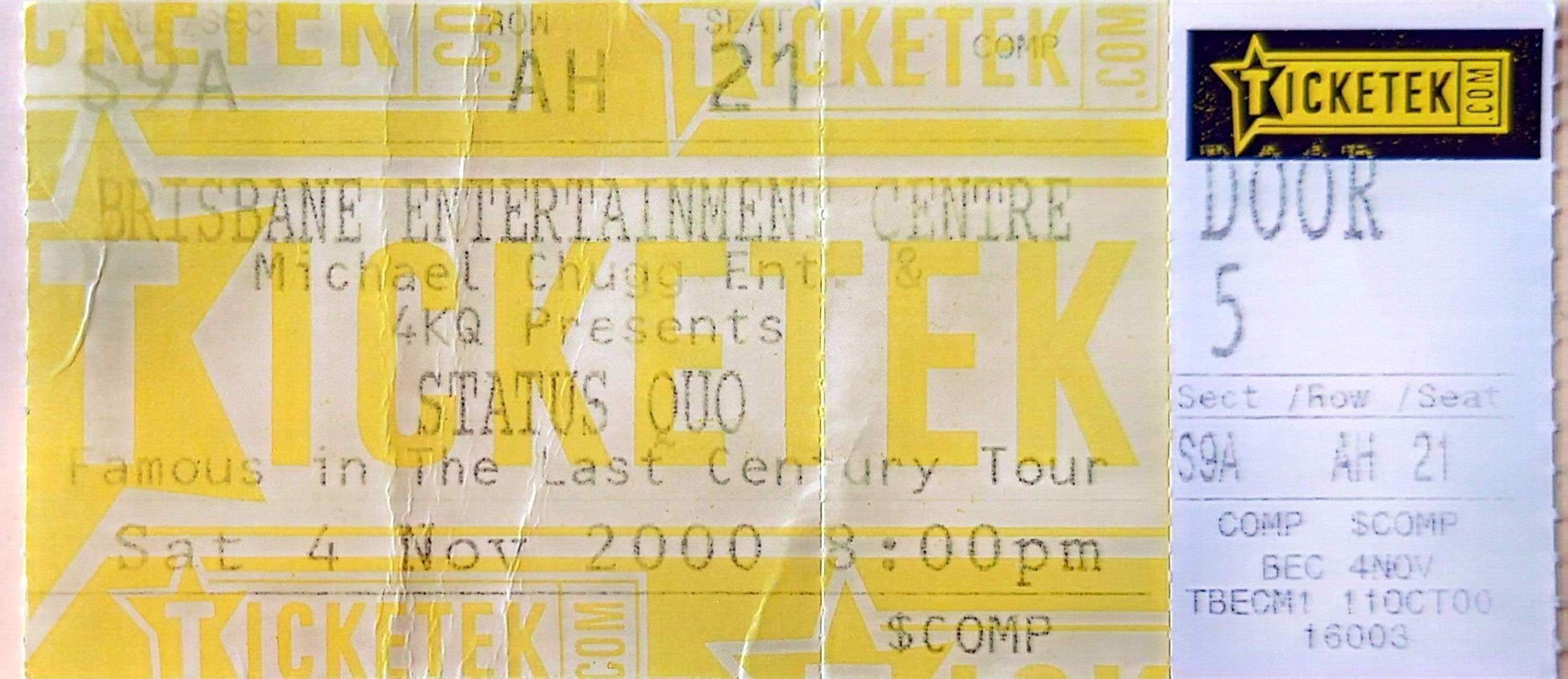 Status Quo - 2000 - Original Vintage Concert Ticket Seat 21