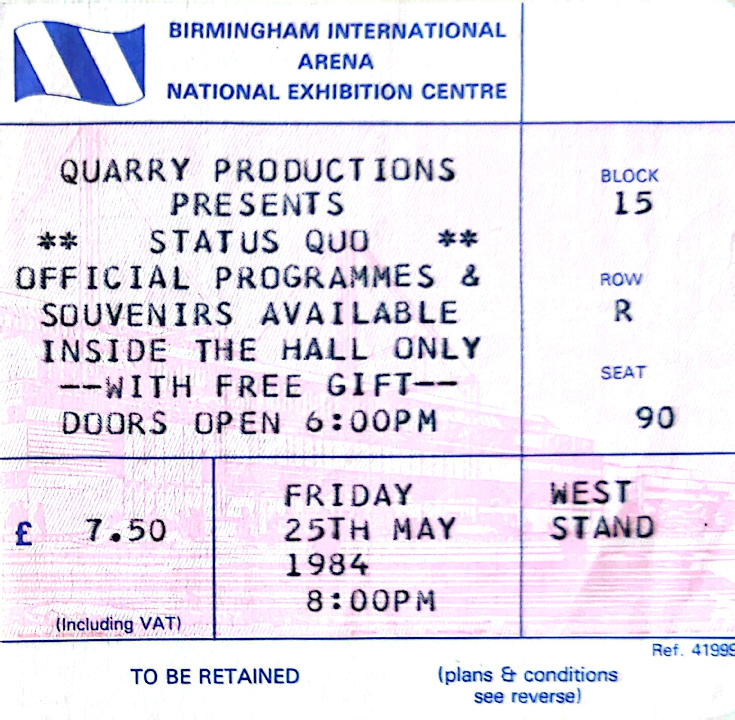 Status Quo - 1984 Original Vintage Concert Ticket Seat 90
