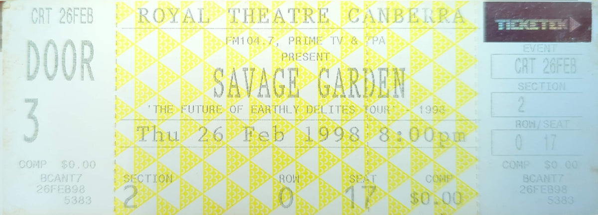Savage Garden - 1998 Original Vintage Concert Ticket Seat #O17