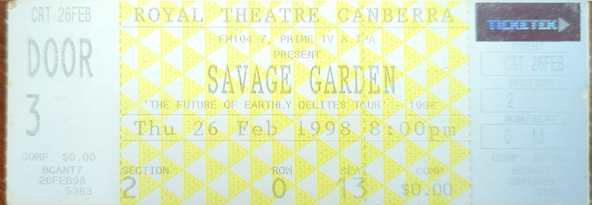 Savage Garden - 1998 Original Vintage Concert Ticket Seat #O15