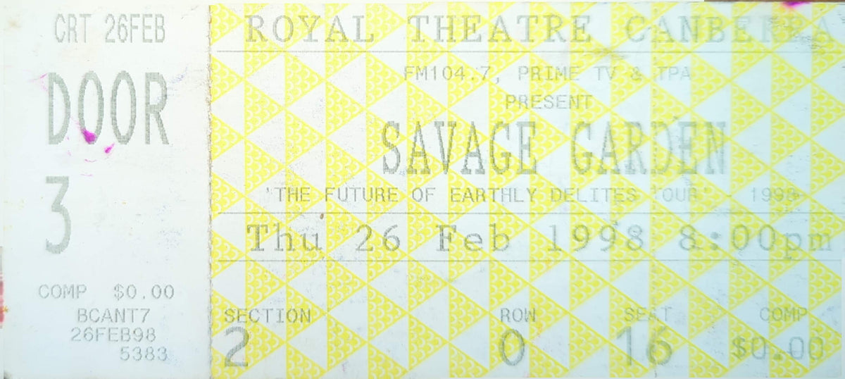 Savage Garden - 1998 Original Vintage Concert Ticket Seat #O16