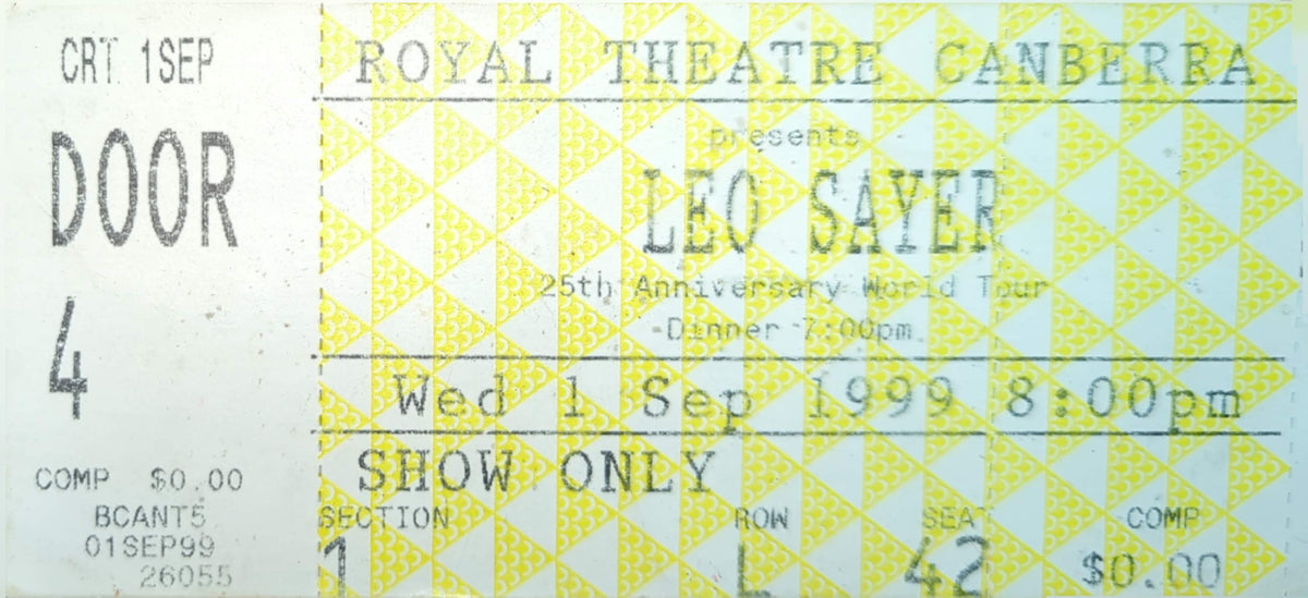 Leo Sayer - 1999 Original Vintage Concert Ticket Seat #L42