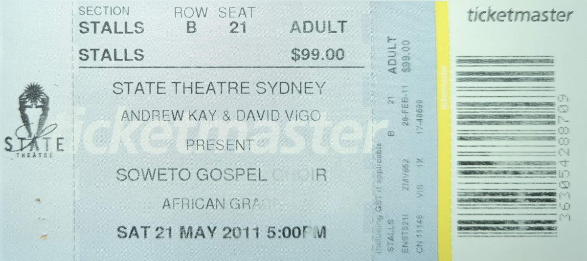 Soweto Gospel Choir - 2011 Original Vintage Concert Ticket Seat #B21