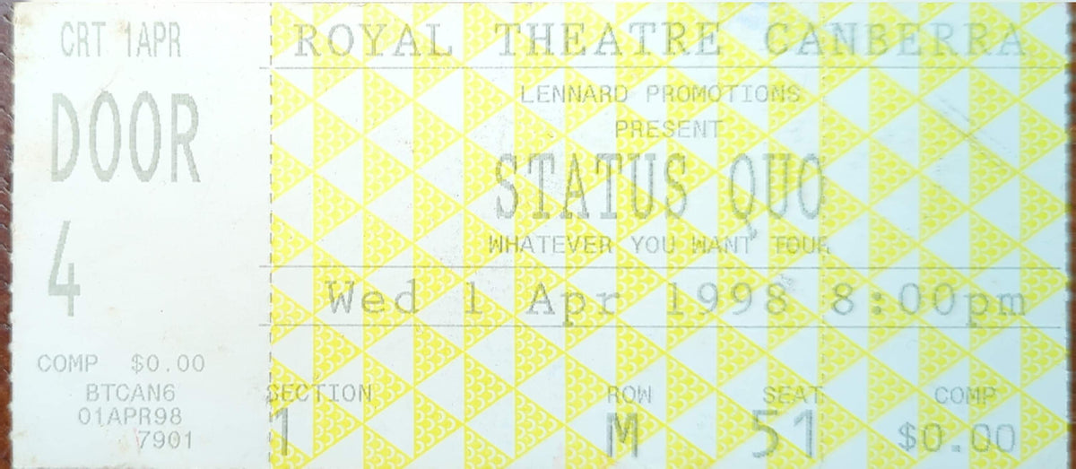 Status Quo - 1998 Original Vintage Concert Ticket Seat #M51