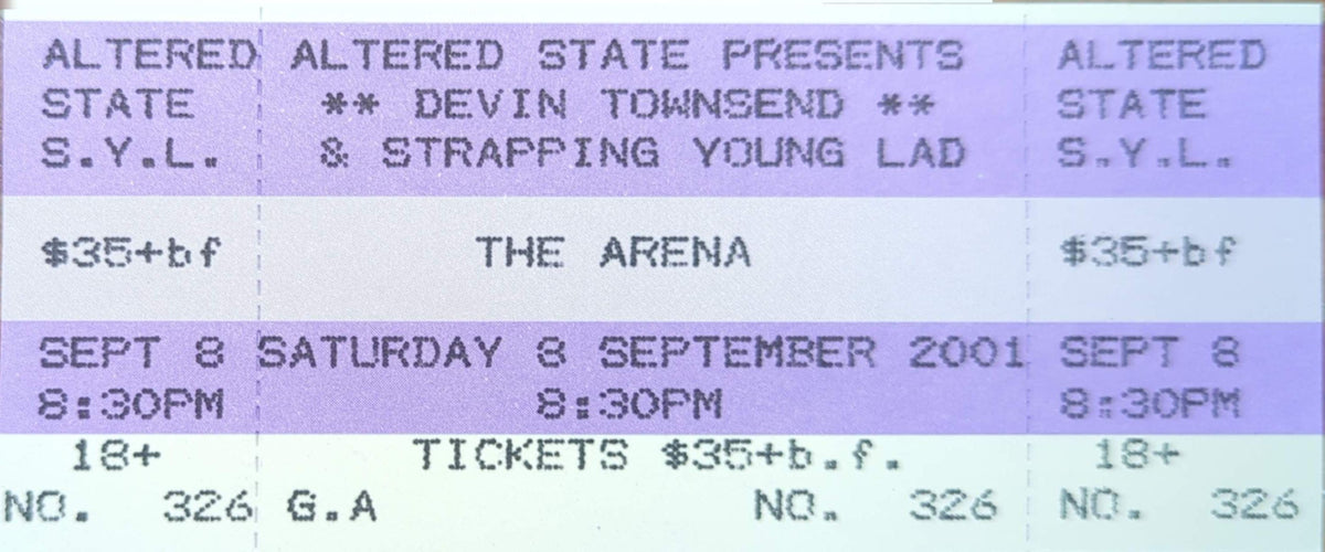 Devin Townsend & Strapping Young Lad - 2001 Original Vintage Concert Ticket Seat #326