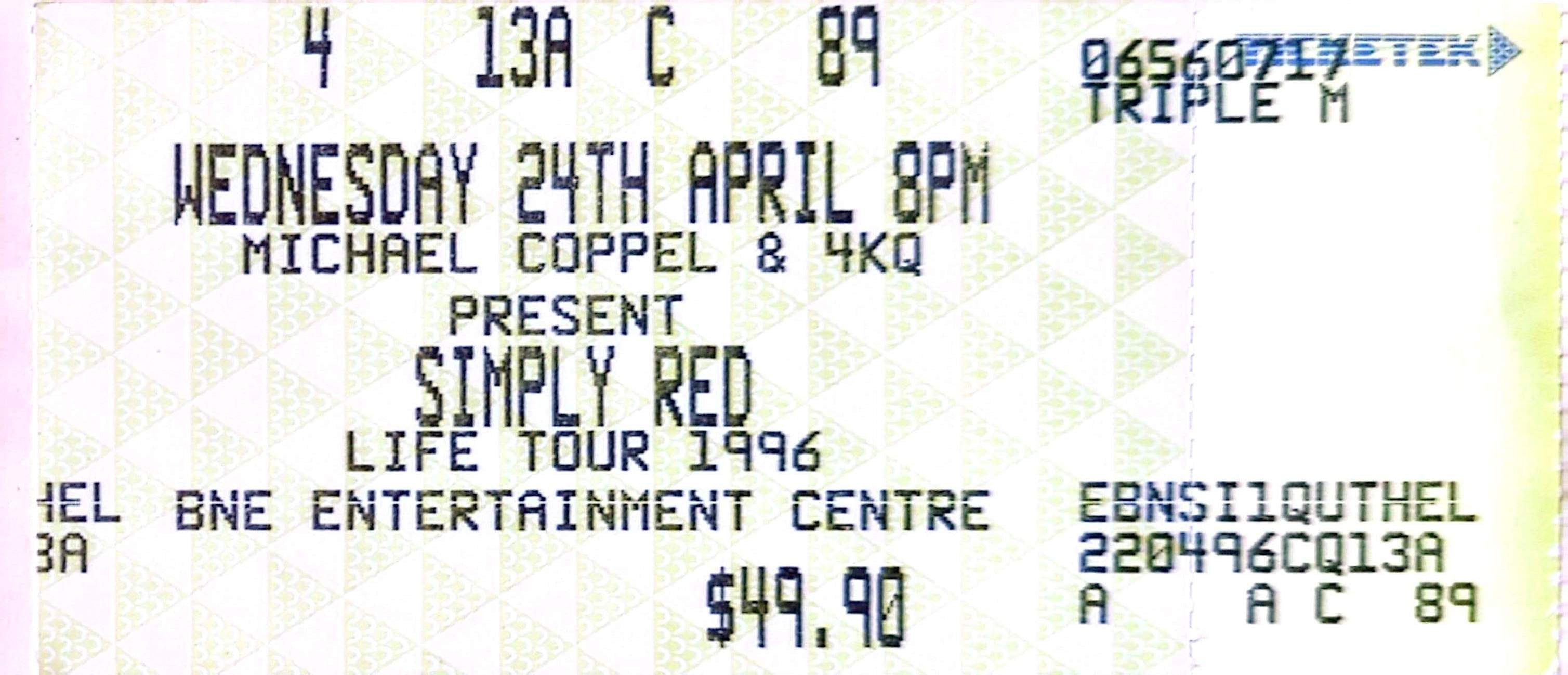 Simply Red - 1996 Original Vintage Concert Ticket Seat 89