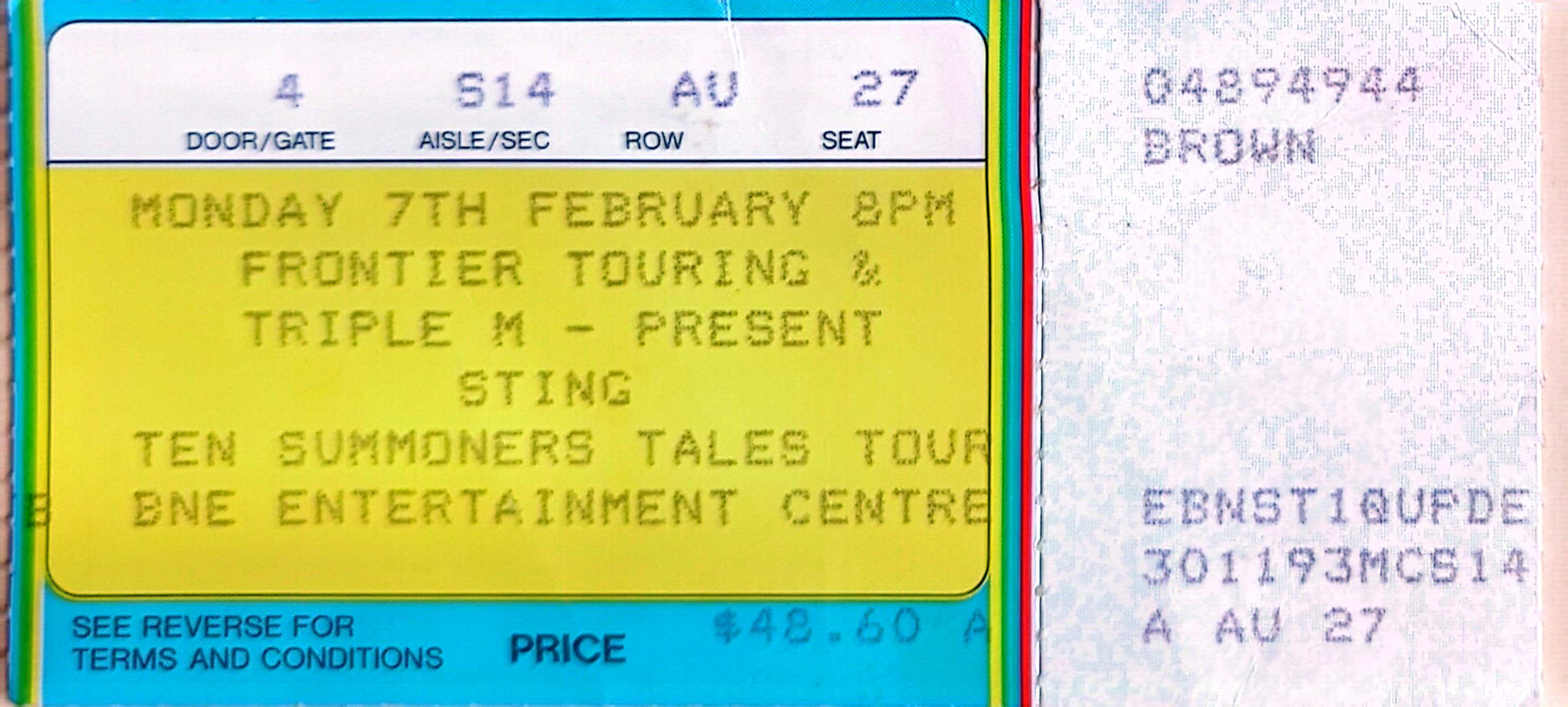 Sting - 1994 Original Vintage Concert Ticket Seat 27