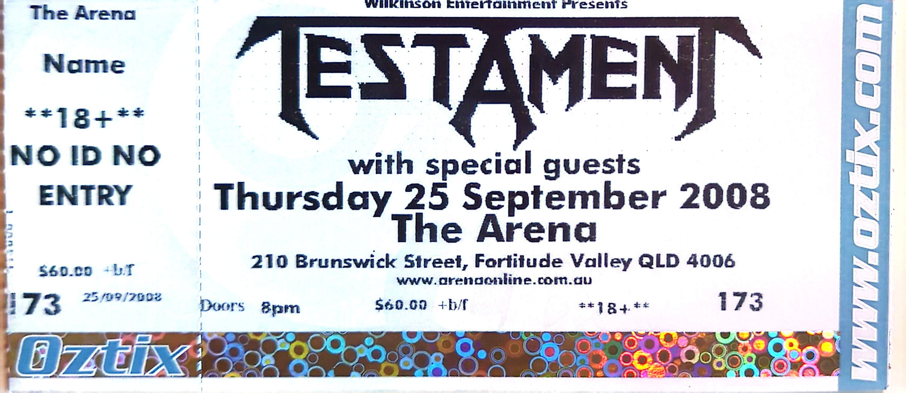 Testament - 2008 Original Vintage Concert Ticket Seat 173