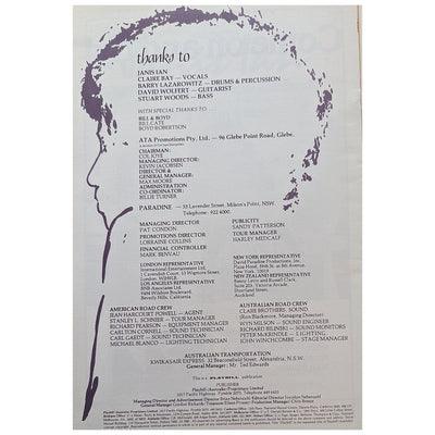 Janis Ian - 1976 Australian Original Concert Tour Program With Ticket