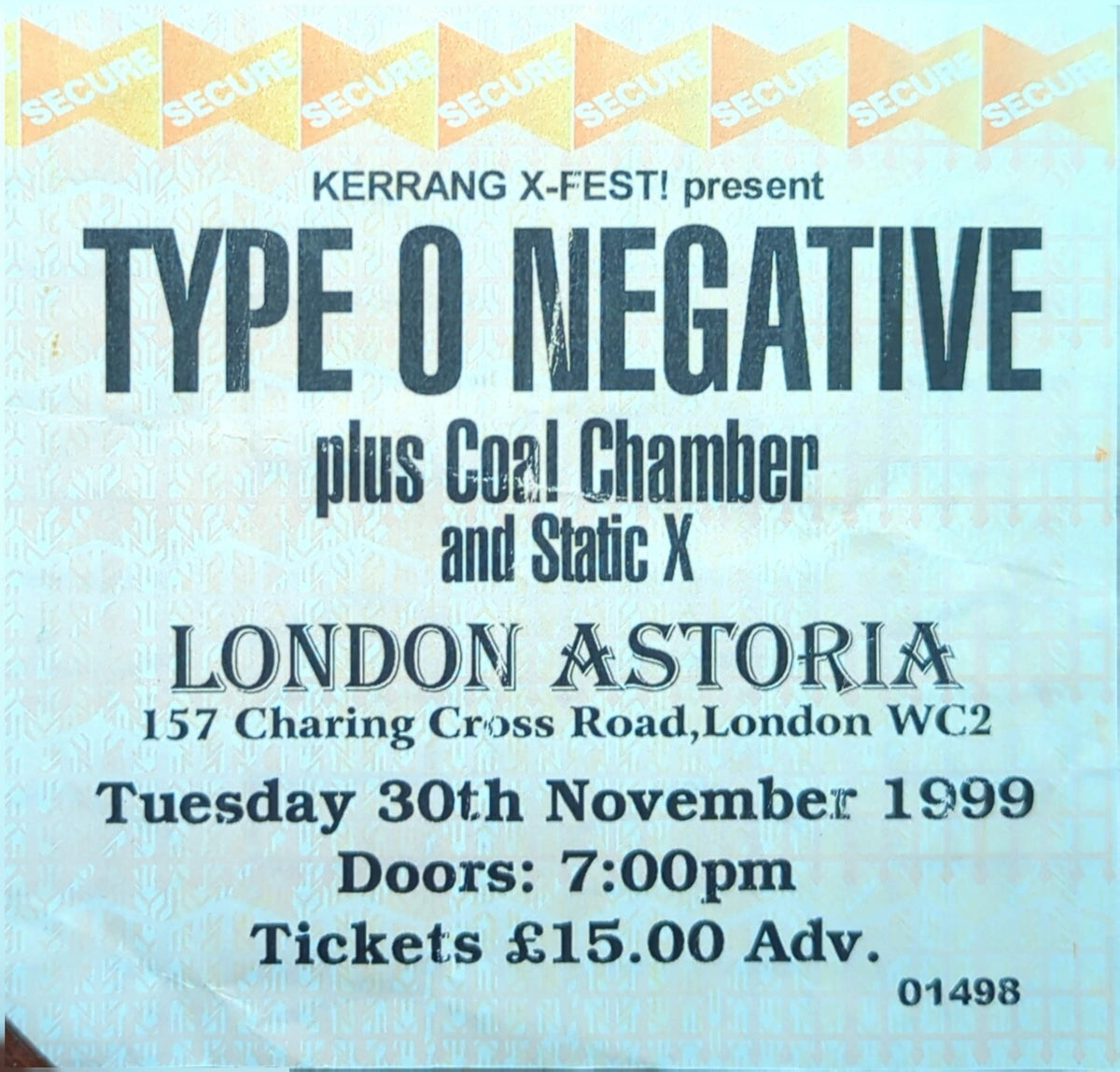 Type O Negative - 1999 Original Vintage Concert Ticket