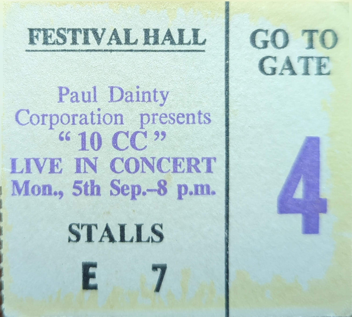 10cc - 1977 Original Vintage Concert Ticket Seat #E7