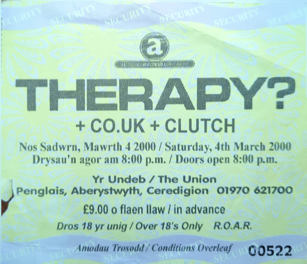 Therapy - 2000 Original Vintage Concert Ticket Seat #522
