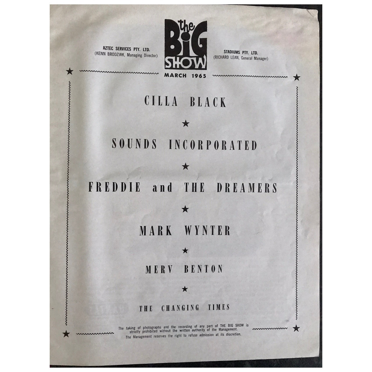 Various Artists - The Big Show March 1965 Australia Original Concert Tour Program