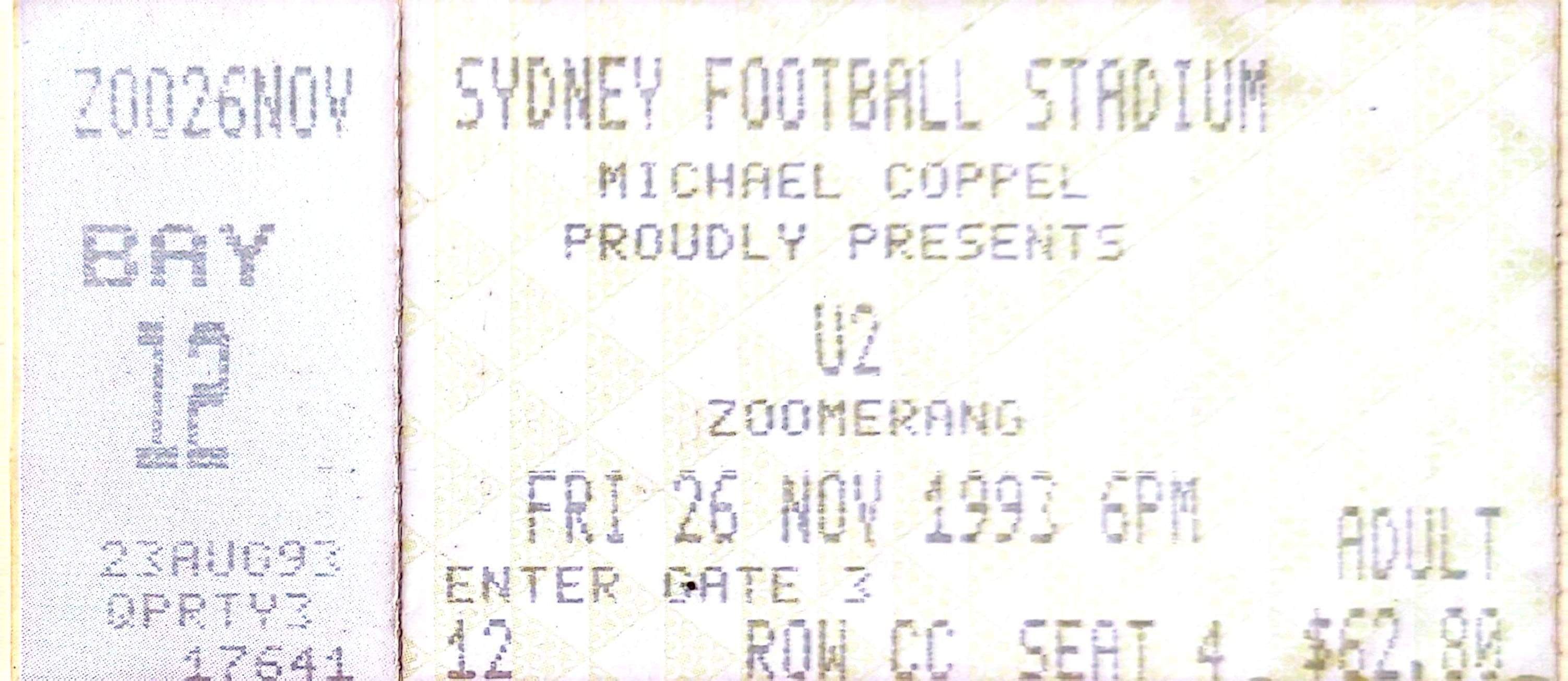 U2 - 1993 Original Vintage Concert Ticket Seat 4