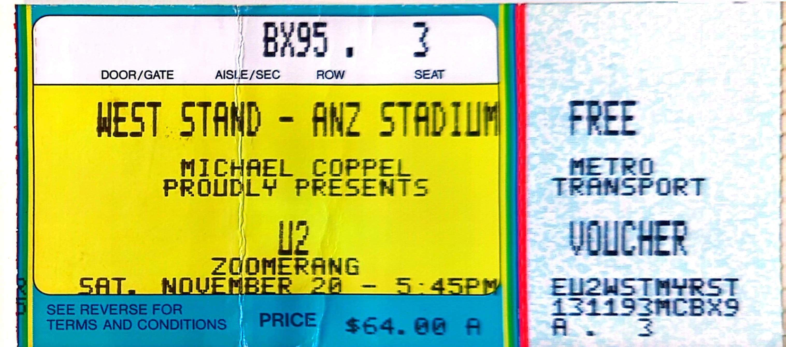 U2 - 1993 Original Vintage Concert Ticket Seat 3