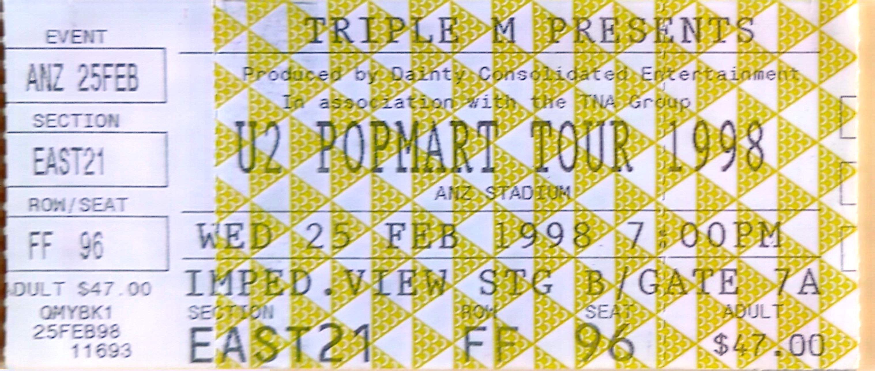 U2 - 1998 Original Vintage Concert Ticket Seat 96