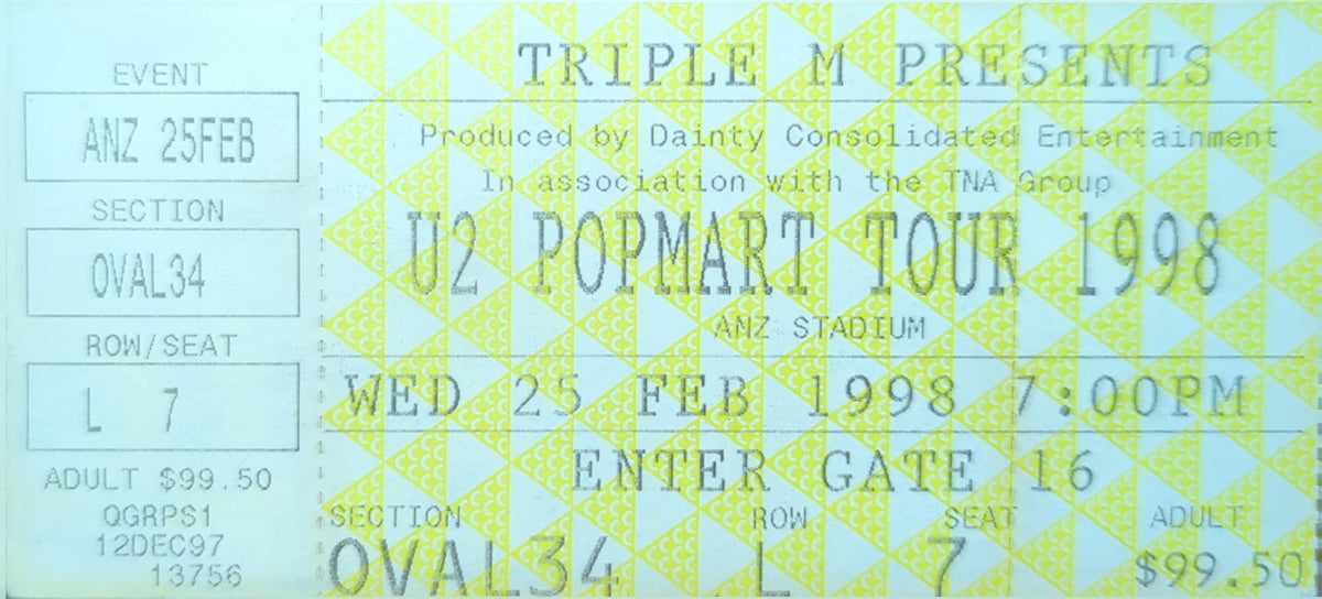 U2 - 1998 Original Vintage Concert Ticket Seat #L7