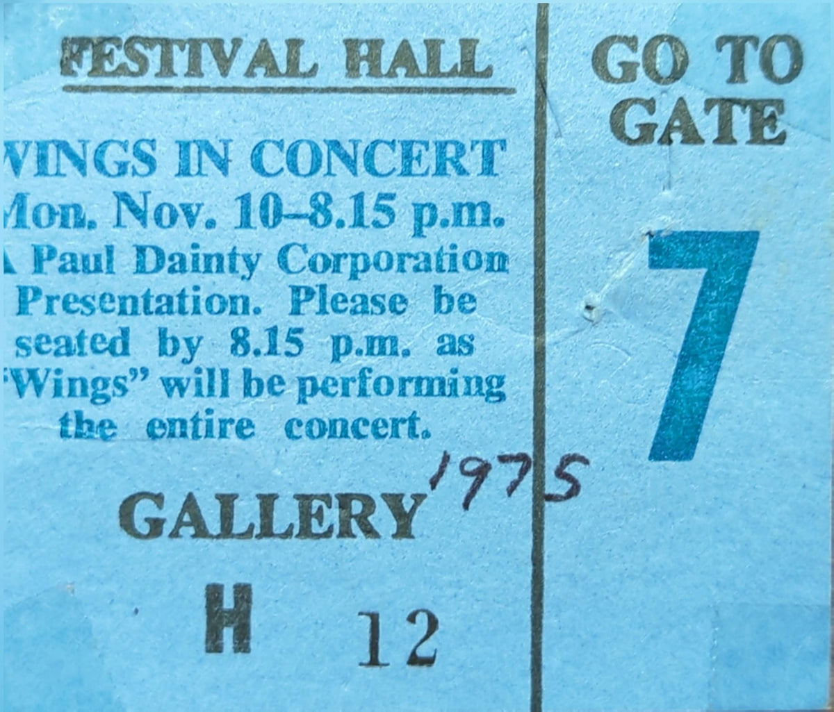 Wings - 1975 Original Vintage Concert Ticket Seat #H12