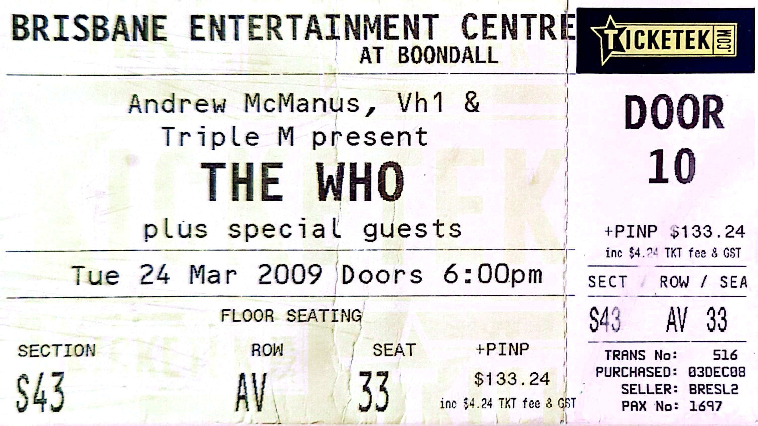 Who - 2009 Original Vintage Concert Ticket Seat 33