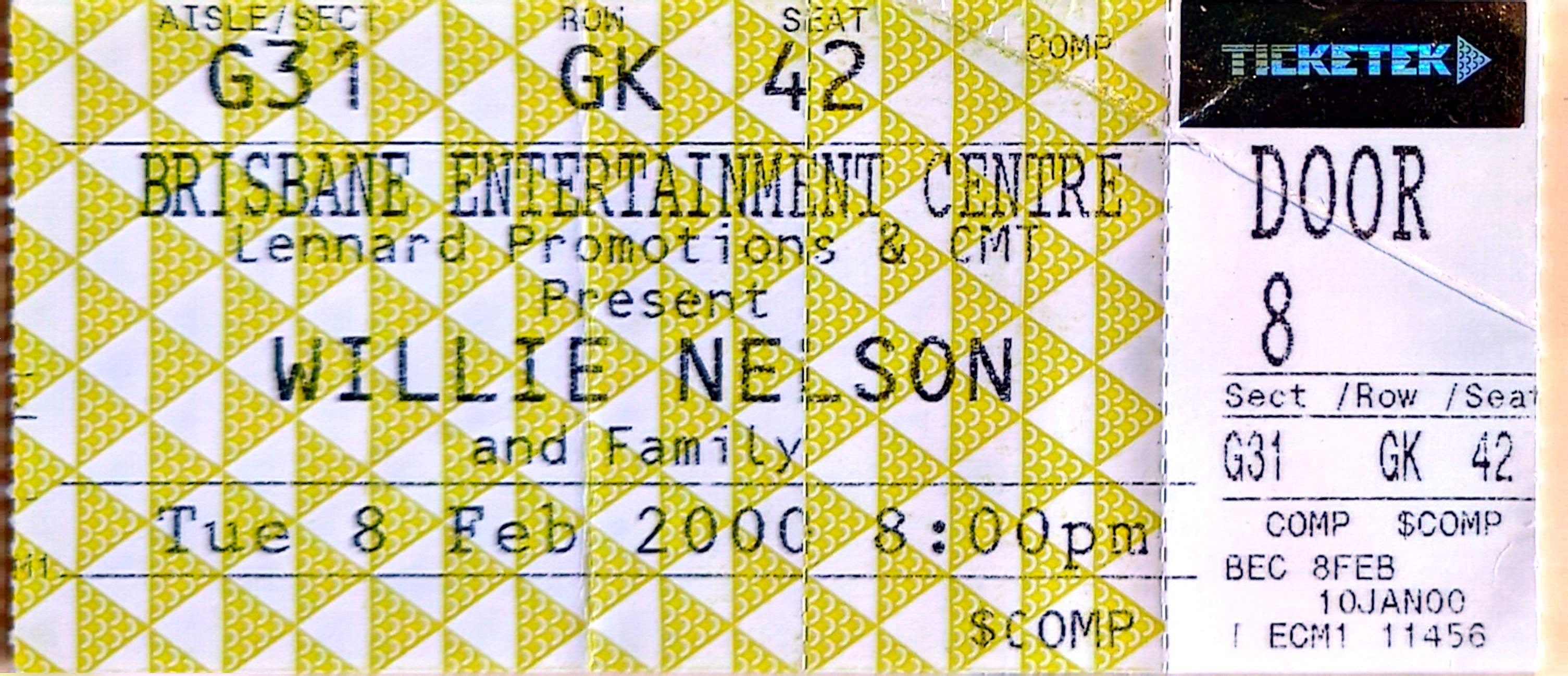 Willie Nelson - 2000 Original Vintage Concert Ticket Seat 42