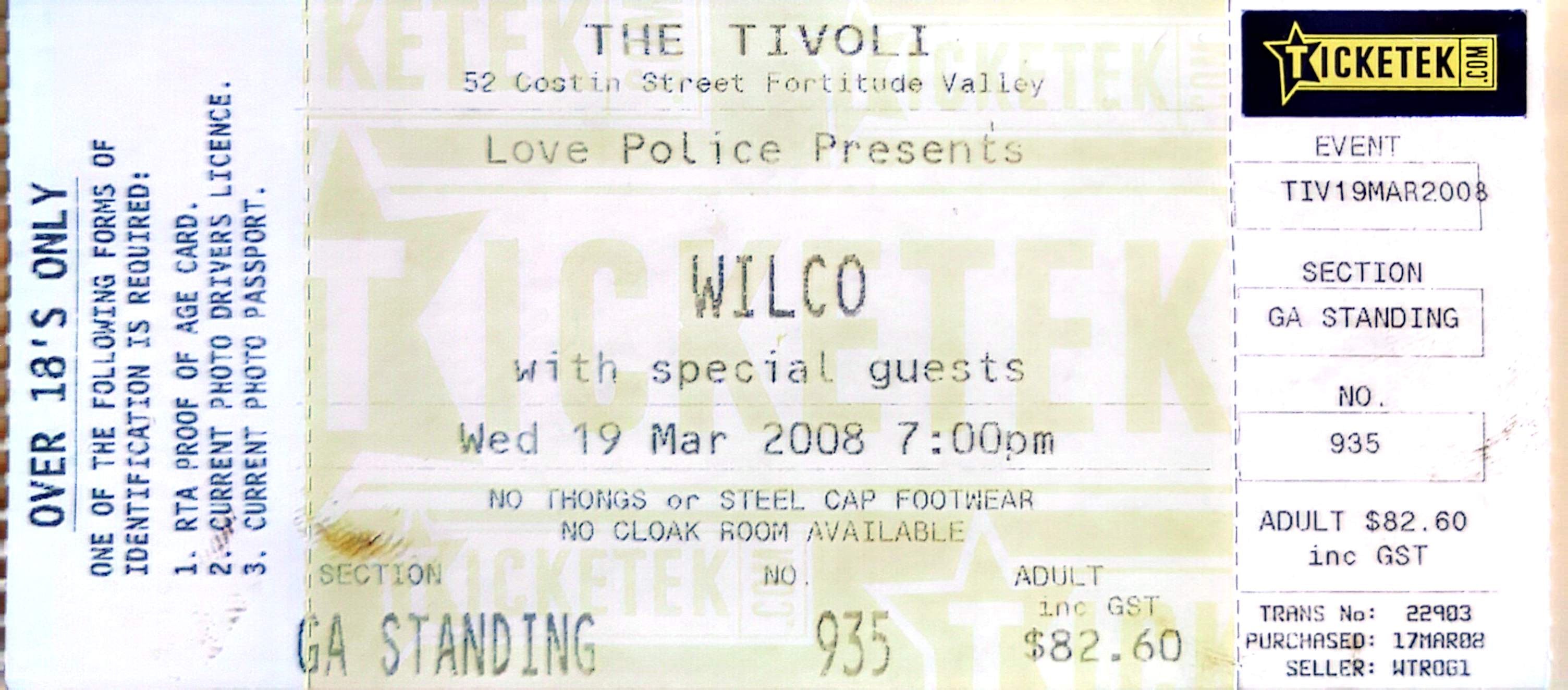 Wilco - 2008 Original Vintage Concert Ticket Seat 935