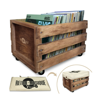 Retro Musique - Wooden Vinyl Record Storage Crate With Canvas Dustcover (Brown)