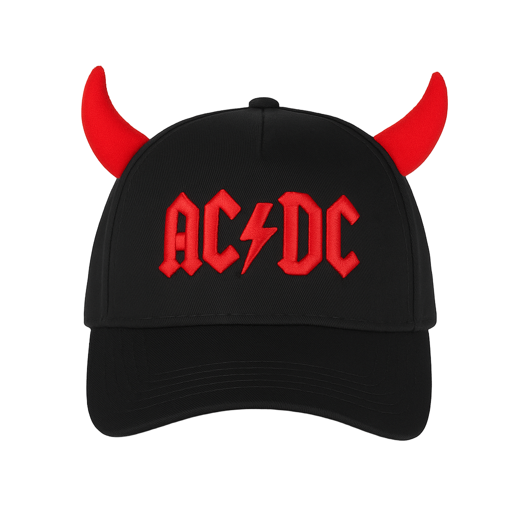 Black cap with red AC/DC logo and devil horns on a white background