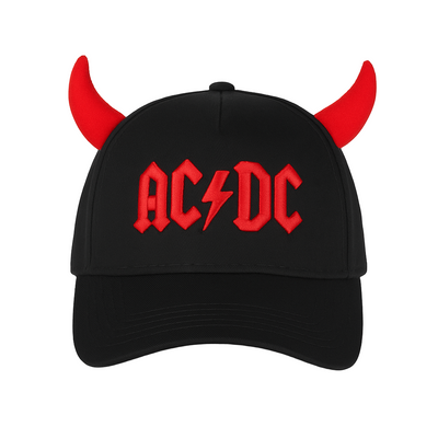 Black cap with red AC/DC logo and devil horns on a white background
