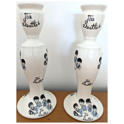 Beatles - Vintage 1980s Liverpool Pair Of Pottery Candlestick Holders (Used)