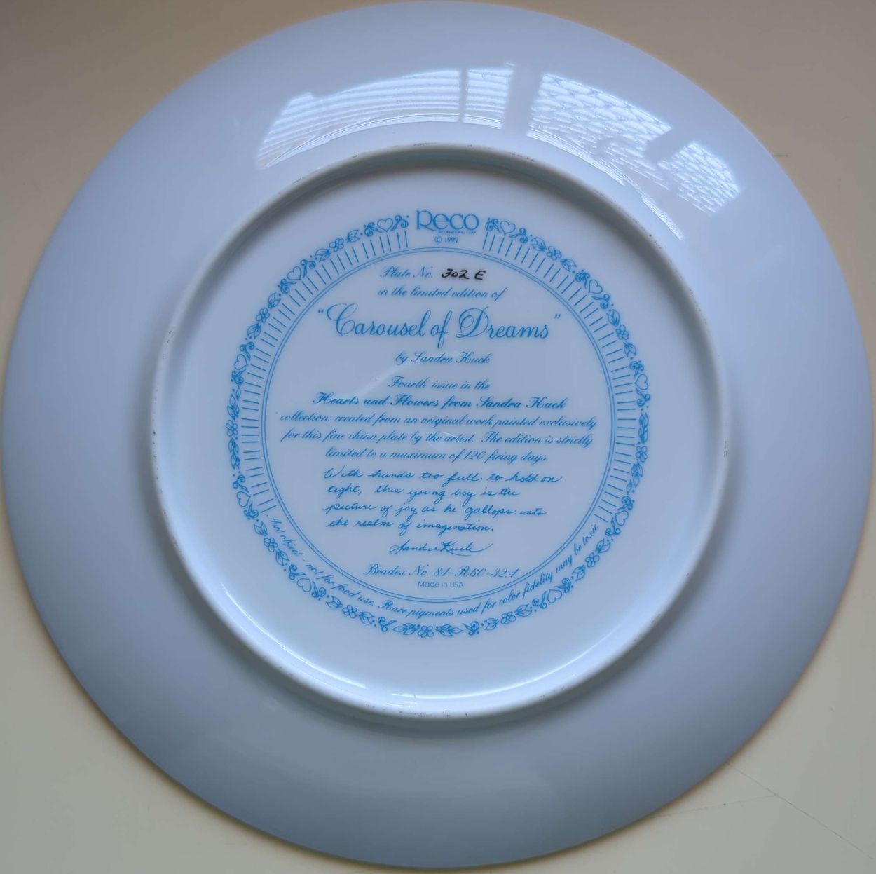 Sandra Kuck - Vintage 1992 Reco Hearts & Flowers Carousel Of Dreams Plate #302E + COA (No Box)