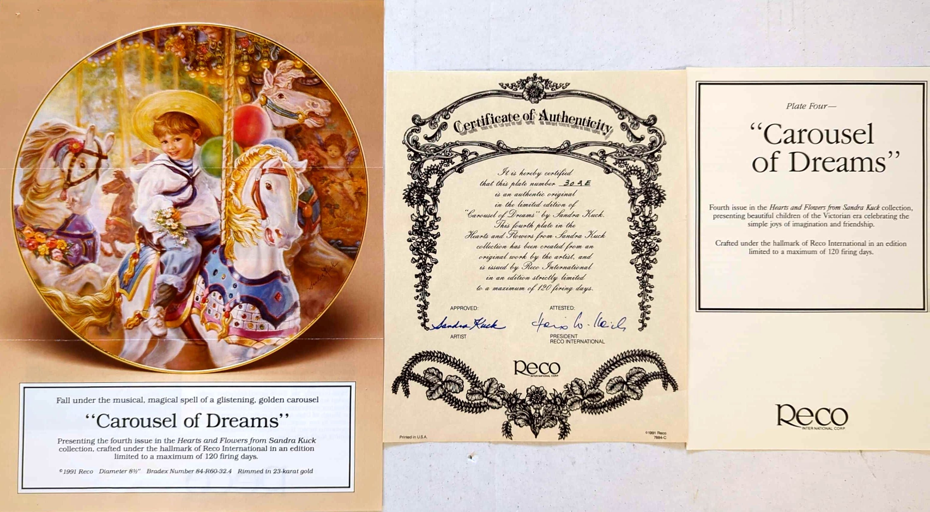 Sandra Kuck - Vintage 1992 Reco Hearts & Flowers Carousel Of Dreams Plate #302E + COA (No Box)