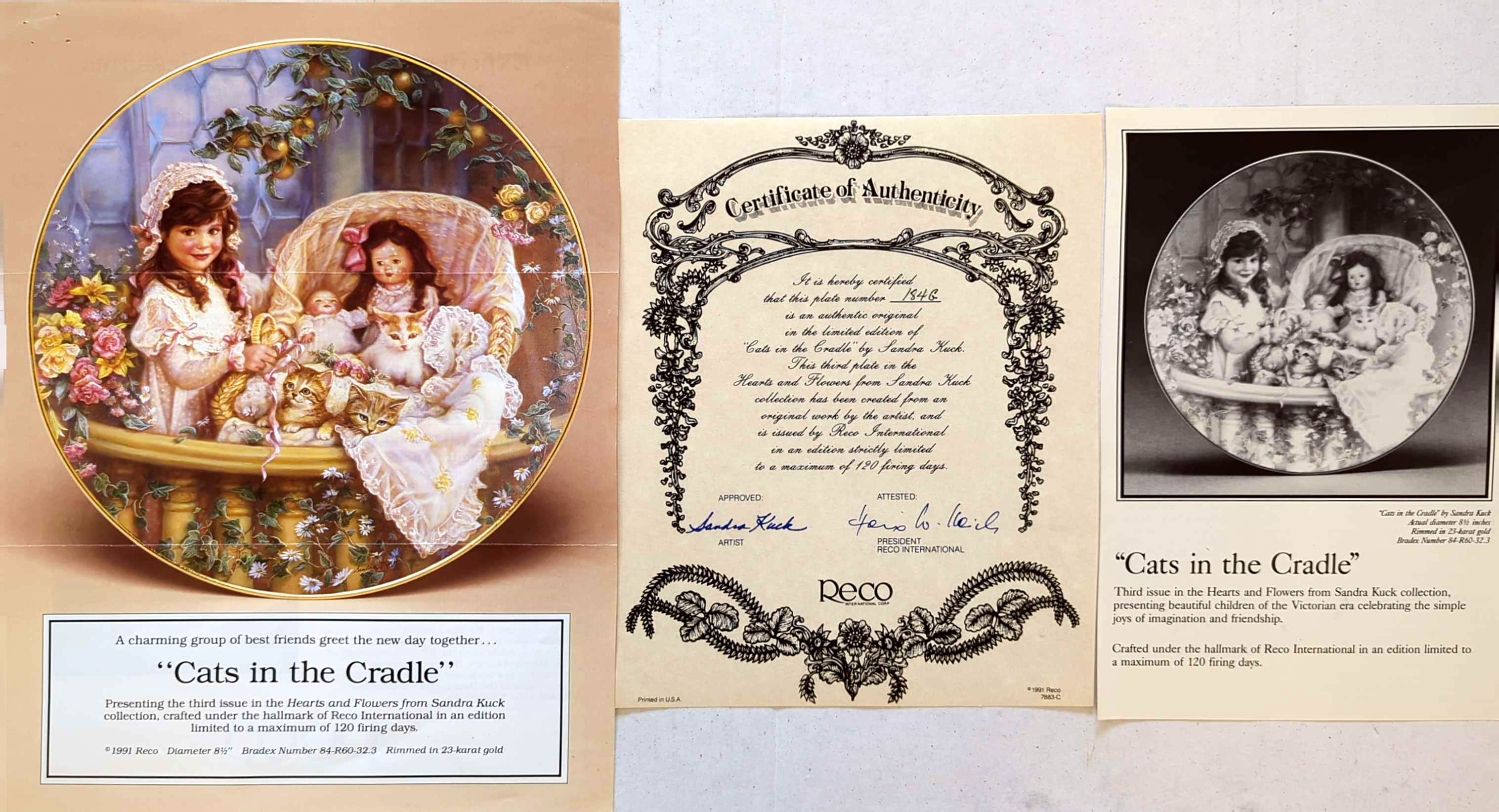 Sandra Kuck - Vintage 1991 Reco Hearts & Flowers Cats In The Cradle Plate #184G + COA (No Box)