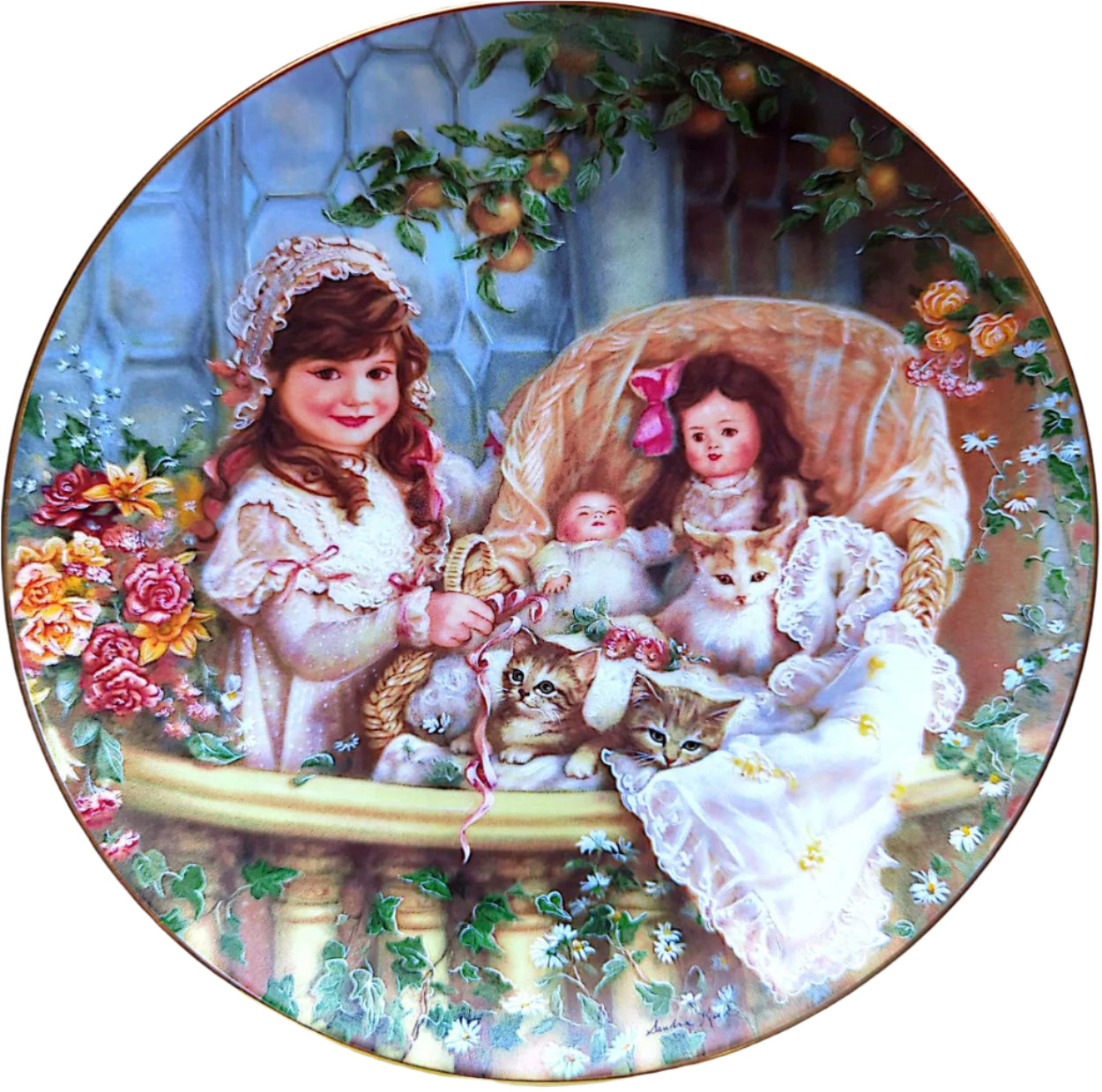 A decorative plate featuring an illustration of a young girl with a cat, surrounded by flowers and a china doll, with a colorful background.