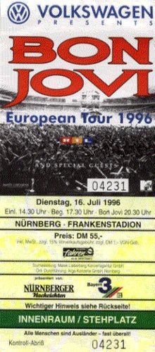 Bon Jovi - 1996 German July 16 Nurnberg # 04231 Vintage Ticket