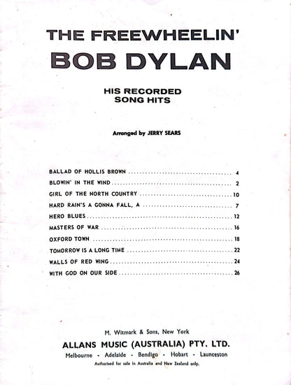 Bob Dylan - The Freewheelin' Bob Dylan (His Recorded Song Hits) Sheet Music Songbook (1963) Arranged By Jerry Sears