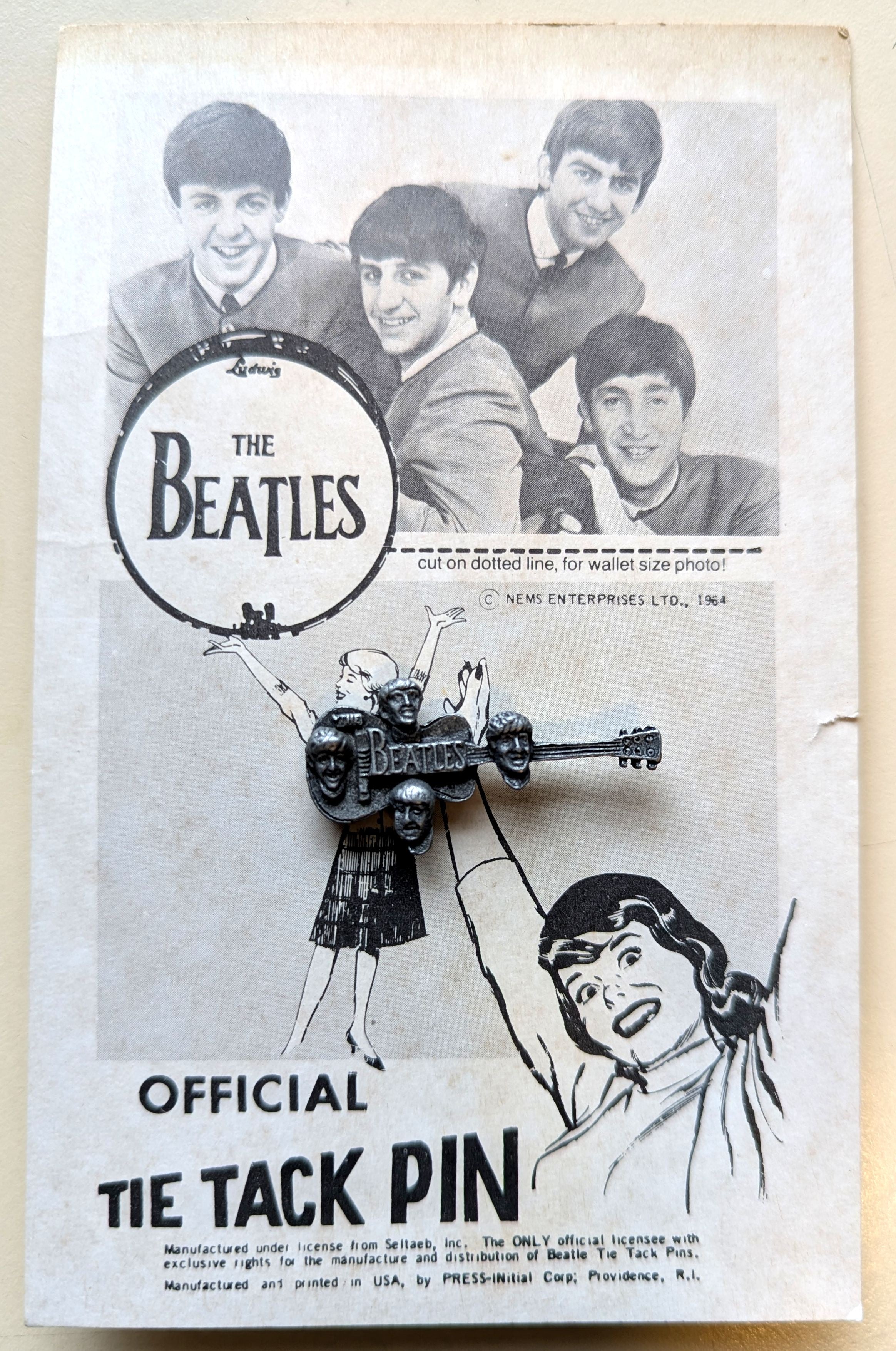Beatles - Original Vintage 1960s Guitar Shaped Official Tie Tack Pin (w/ 4 Heads) Collectable
