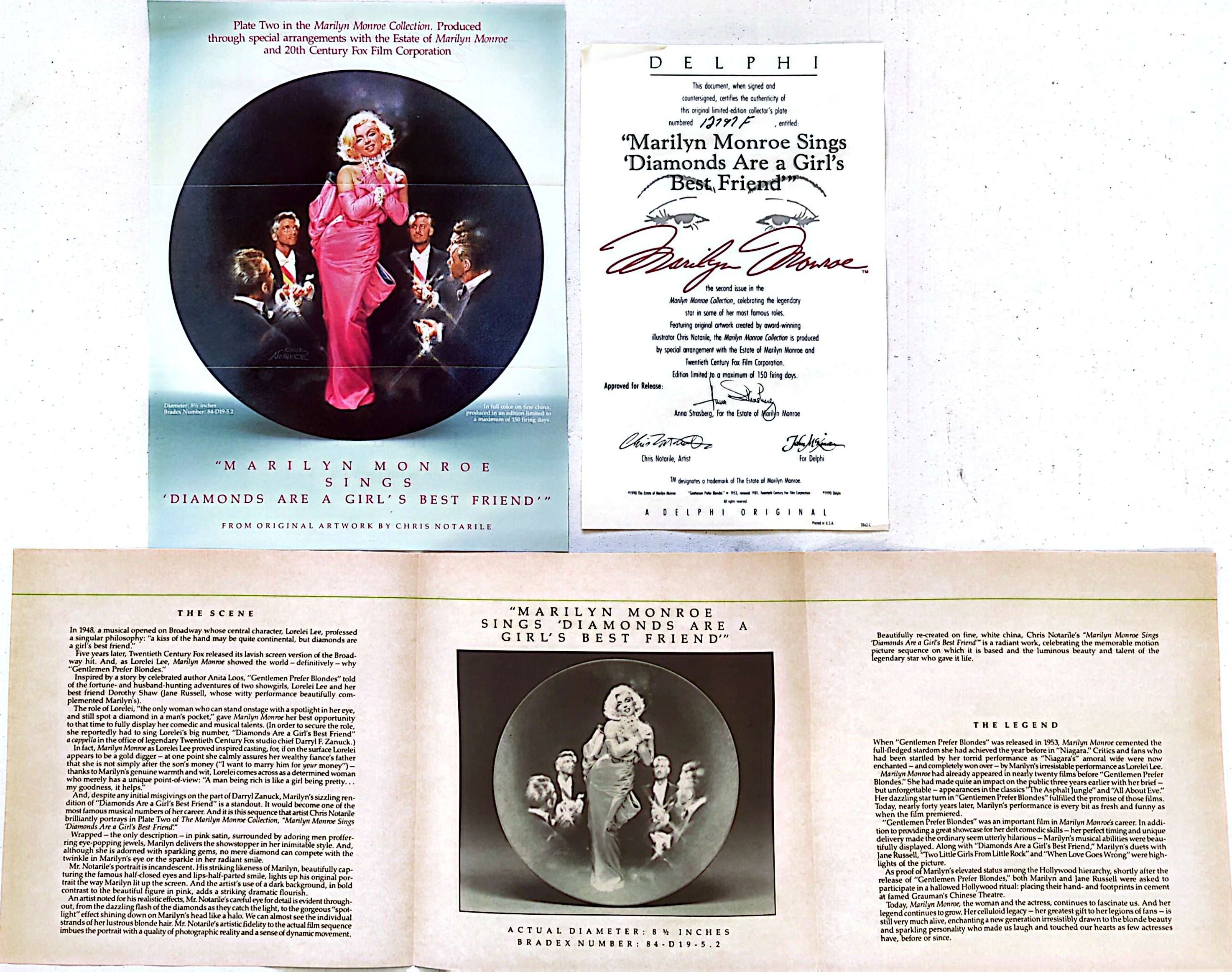 Marilyn Monroe - Vintage 1990 Delphi Sings Diamonds Are A Girl's Best Friend  Plate #12797F + COA (No Box)