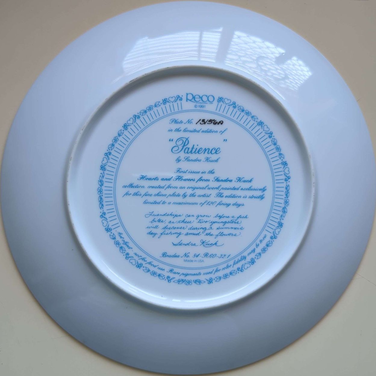 Sandra Kuck - Vintage 1991 Reco Hearts & Flowers Patience Plate #13156A + COA (No Box)