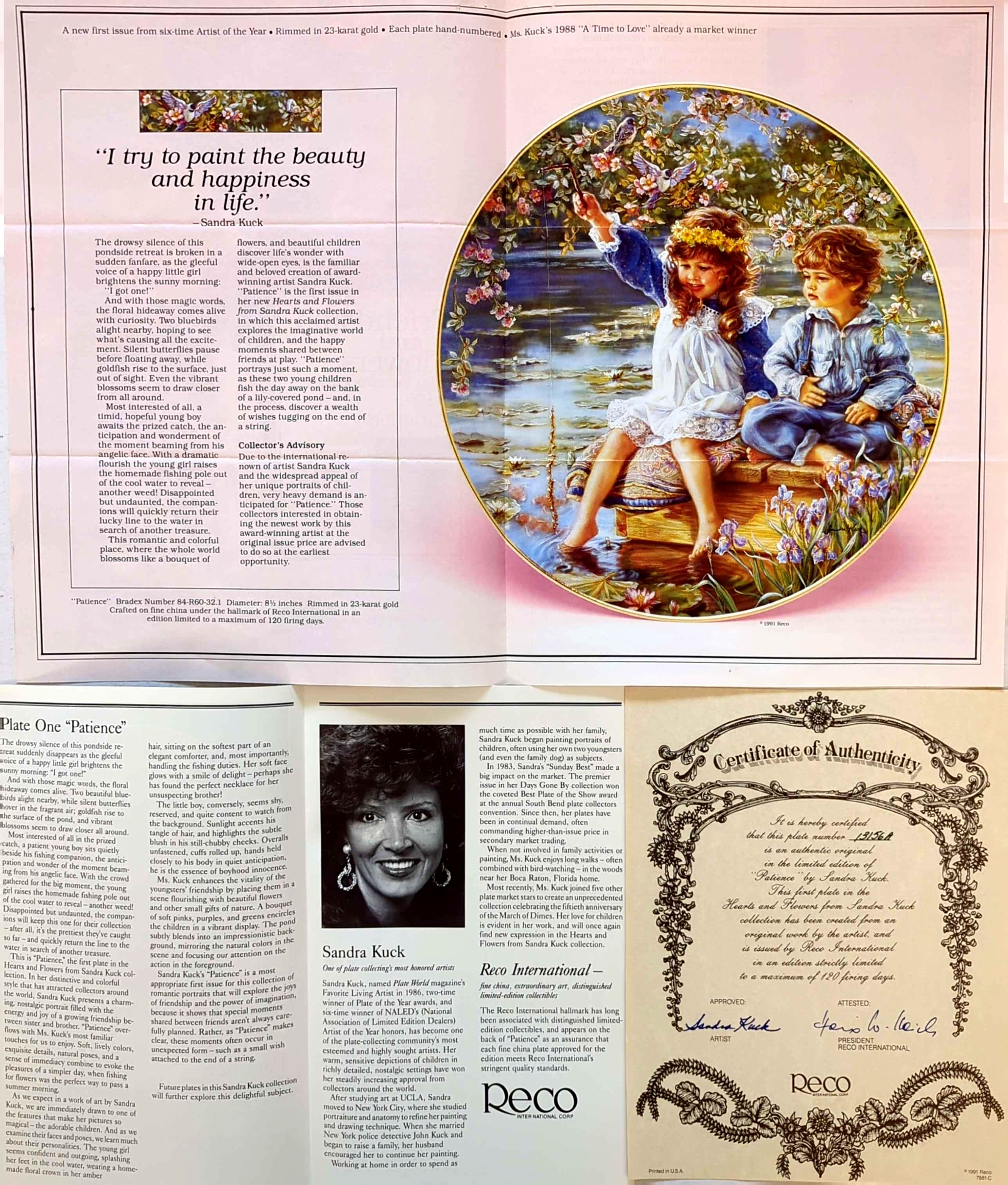 Sandra Kuck - Vintage 1991 Reco Hearts & Flowers Patience Plate #13156A + COA (No Box)